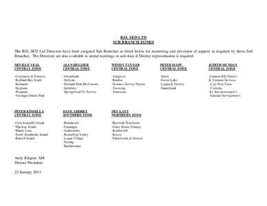 RSL SED LTD SUB BRANCH ZONES The RSL SED Ltd Directors have been assigned Sub Branches as listed below for mentoring and provision of support as required by those Sub Branches. The Directors are also available to attend 