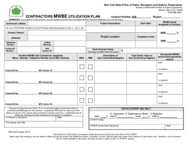 New York State Office of Parks, Recreation and Historic Preservation Bureau of Affirmative Action & Equal Opportunity Albany, New York[removed]2921  CONTRACTORS MWBE UTILIZATION PLAN