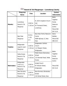 Parent & Tot Playgroups – Lunenburg County Playgroup Name Time