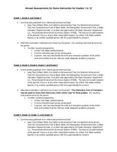 Annual Assessments for Home Instruction for Grades 1 to 12  Grade 1, Grade 2, and Grade 3: •  Commercially published norm-referenced achievement test