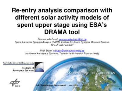 Re-entry analysis comparison with different solar activity models of spent upper stage using ESA’s DRAMA tool Emmanuelle David, [removed] Space Launcher Systems Analysis (SART), Institute for Space System