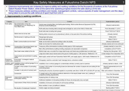 1  Key Safety Measures at Fukushima Daiichi NPS  Extensive improvements are underway to improve safety and working conditions for the thousands of workers at the Fukushima Daiichi Nuclear Power Station, while at the s