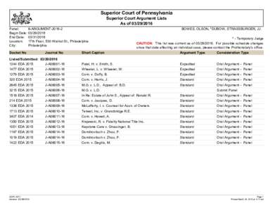 Superior Court of Pennsylvania Superior Court Argument Lists As ofPanel: Begin Date: End Date: