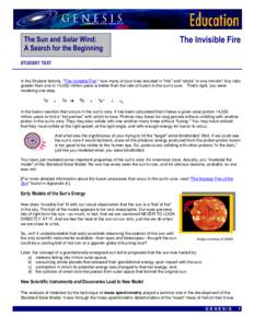 The Invisible Fire  The Sun and Solar Wind: A Search for the Beginning STUDENT TEXT