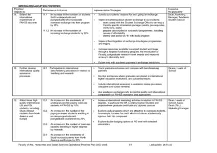 INTERNATIONALISATION PRIORITIES Priorities/ Performance Indicators Objectives I1. Extend the I1.1 An increase in the numbers of students