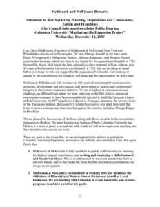 McKissack and McKissack Remarks Statement to New York City Planning, Dispositions and Concessions; Zoning and Franchises City Council Subcommittees Joint Public Hearing Columbia University “Manhattanville Expansion Pro