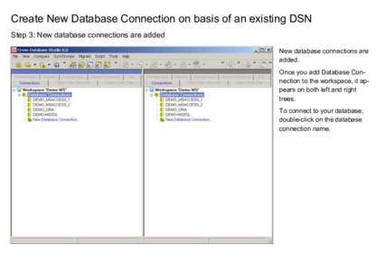 Create New Database Connection on basis of an existing DSN Step 3: New database connections are added New database connections are added. Once you add Database Connection to the workspace, it appears on both left and rig