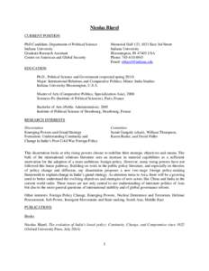 Nicolas Blarel CURRENT POSITION PhD Candidate, Department of Political Science Indiana University Graduate Research Assistant Center on American and Global Security