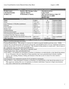 Lotus Touch Bamboo Lotion Material Safety Data Sheet  August 1, 2008 Section 1 – Chemical Product and Company Information Bamboo Silk Massage Lotion