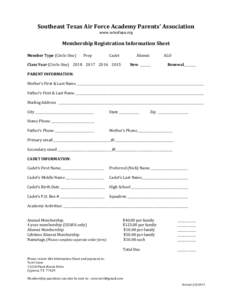 Southeast Texas Air Force Academy Parents’ Association www.setxafapa.org Membership Registration Information Sheet Member Type (Circle One)