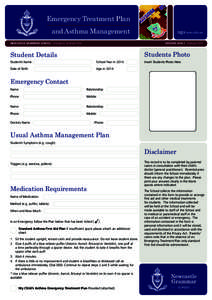 Emergency Treatment Plan and Asthma Management NEWCASTLE GRAMMAR SCHOOL - Emergency Treatment Plan ngs.nsw.edu.au VERSION: February 2014