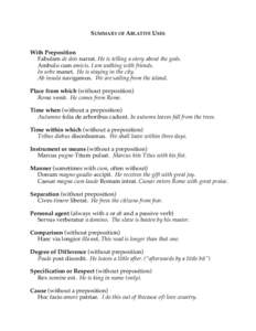 SUMMARY OF ABLATIVE USES With Preposition Fabulam de deis narrat. He is telling a story about the gods. Ambulo cum amicis. I am walking with friends. In urbe manet. He is staying in the city. Ab insula navigamus. We are 