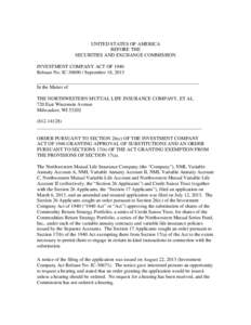 UNITED STATES OF AMERICA BEFORE THE SECURITIES AND EXCHANGE COMMISSION INVESTMENT COMPANY ACT OF 1940 Release No. IC[removed]September 18, 2013 __________________________________________________________________