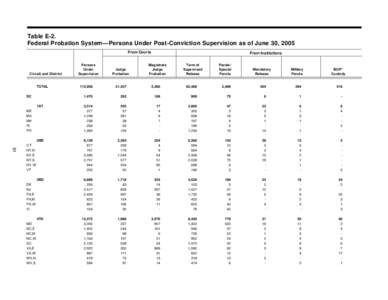 Table E-2. Federal Probation System—Persons Under Post-Conviction Supervision as of June 30, 2005 From Courts Circuit and District