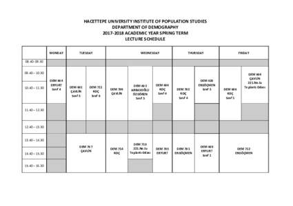 HACETTEPE UNIVERSITY INSTITUTE OF POPULATION STUDIES DEPARTMENT OF DEMOGRAPHYACADEMIC YEAR SPRING TERM LECTURE SCHEDULE MONDAY