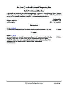 Section Q — Pari-Mutuel Wagering Tax Basic Provisions and Tax Base A pari-mutuel tax is imposed on the gross amount wagered in excess of $10 million dollars at each horserace track during a calendar year. Any amount wa