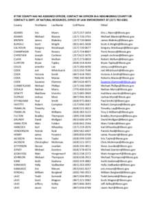 IF THE COUNTY HAS NO ASSIGNED OFFICER, CONTACT AN OFFICER IN A NEIGHBORING COUNTY OR CONTACT IL DEPT. OF NATURAL RESOURCES, OFFICE OF LAW ENFORCEMENT AT[removed]County FirstName