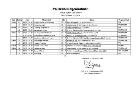 Politeknik Agroindustri Jadual Kuliah Semester V Tahun Akademik[removed]Hari Ruang Jam