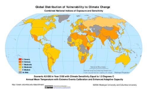 Global Distribution of Vulnerability to Climate Change Combined National Indices of Exposure and Sensitivity 9 Severe 8 Serious 7 Moderate