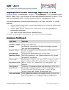 iON Future An Online Game-Based Learning Environment Inspiring Youth in Science, Technology, Engineering, and Math Change the Equation, in partnership with E-Line Media, is creating iON Future—a suite of free online le