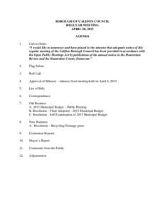 BOROUGH OF CALIFON COUNCIL REGULAR MEETING APRIL 20, 2015 AGENDA 1.