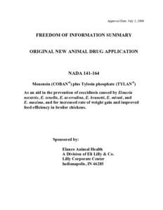 Approval Date: July 3, 2000  FREEDOM OF INFORMATION SUMMARY ORIGINAL NEW ANIMAL DRUG APPLICATION  NADA[removed]