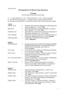 Depositories[removed]The Depositories of Mineral Type Specimens I. Europe incl. the States of the former Soviet Union 1 = 1 – 9 type specimens 2 = 10 – 39 type specimens 3 = 40 – 199 type specimens