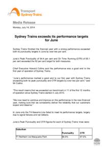 Sydney Trains exceeds its performance targets for June