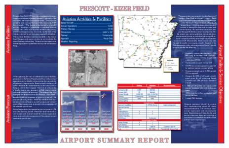 Aviation Forecast  Prescott-Kizer Field (4F7) is a city owned general aviation airport in southwest Arkansas. Located 1 mile east of the city center, the airport occupies 64 acres. The airport is served by one runway, Ru