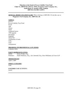 Objection to the Denial of Excess Liability Trust Fund Claim No[removed]FID No[removed], Waggoners Fuel Company, Inc., South Bend, St. Joseph County, Indiana 2009 OEA 30, (08-F-J[removed]OFFICIAL SHORT CITATION NAME: W