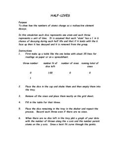 HALF-LIVES Purpose To show how the numbers of atoms change as a radioactive element decays. In this simulation each dice represents one atom and each throw represents a unit of time. It is assumed that each “atom” ha