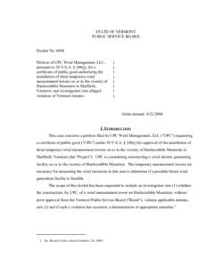 STATE OF VERMONT PUBLIC SERVICE BOARD Docket No[removed]Petition of UPC Wind Management, LLC, pursuant to 30 V.S.A. § 248(j), for a