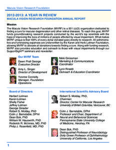 Macula Vision Research Foundation[removed]: A YEAR IN REVIEW MACULA VISION RESEARCH FOUNDATION ANNUAL REPORT