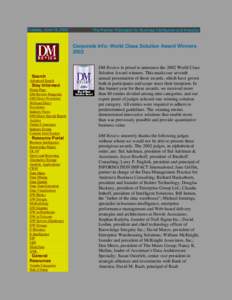 Tuesday, June 18, 2002  The Premier Publication for Business Intelligence and Analytics Corporate Info: World Class Solution Award Winners 2002