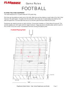 Game Rules  F OOTBA LL PLAYING FIELD AND EQUIPMENT The field measures[removed]yards wide and 120 yards long. End lines are boundaries at each end of the field. Side lines are boundaries on each side of the field. Goal