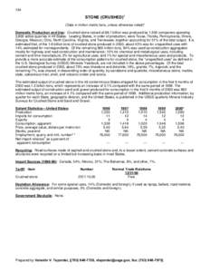 154  STONE (CRUSHED)1 (Data in million metric tons, unless otherwise noted)2 Domestic Production and Use: Crushed stone valued at $8.7 billion was produced by 1,500 companies operating 3,800 active quarries in 49 States.