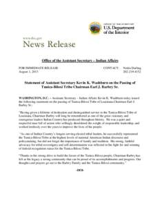 Office of the Assistant Secretary – Indian Affairs FOR IMMEDIATE RELEASE August 1, 2013 CONTACT: