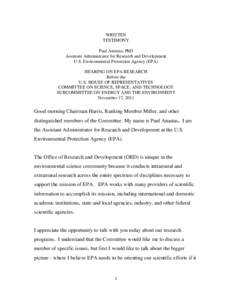 Testimony of Paul Anastas PhD, Assistant Administrator before the U.S. House of Representatives Commitee On Science, Space and Technology Subcommittee On Energy and The Environment