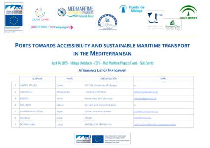PORTS TOWARDS ACCESSIBILITY AND SUSTAINABLE MARITIME TRANSPORT IN THE MEDITERRANEAN April 14, 2015 – Málaga (Andalucía - ESP) – Med Maritime Projects Event – Side Events ATTENDANCE LIST OF PARTICIPANTS SURNAME