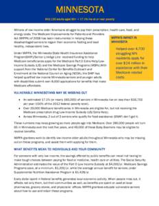 MINNESOTA 942,120 adults aged 60+ • 17.1% live at or near poverty Millions of low-income older Americans struggle to pay their prescription, health care, food, and energy costs. The Medicare Improvements for Patients a