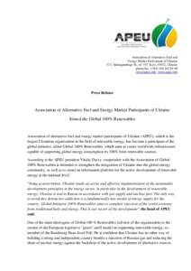 Association of Alternative Fuel and Energy Market Participants of Ukraine 121, Saksaganskogo St., of. 197, Kyiv, 01032, Ukraine phone/fax: +90  www.apeu.info