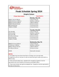 Finals Schedule Spring 2014 Rangely Campus If your class meets: MW(F) 7:45 am-9:00 am MW(F) 10:45 am-12:00 pm MW(F) 12:45 pm-2:00 pm