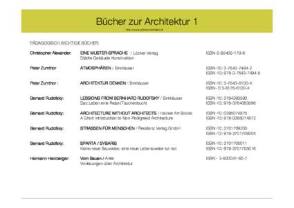 Bücher zur Architektur 1 http://www.schmirl-architekt.at PÄDAGOGISCH WICHTIGE BÜCHER: Christopher Alexander: