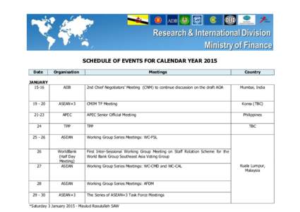 SCHEDULE OF EVENTS FOR CALENDAR YEAR 2015 Date Organisation  JANUARY