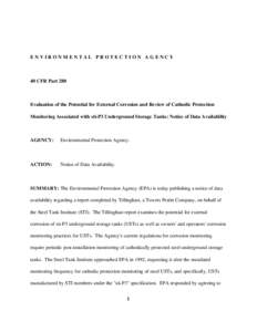 Evaluation of the Potential for External Corrosion and Review of Cathodic Protection Monitoring Associated with sti-P3 Underground Storage Tanks: Notice of Data Availability