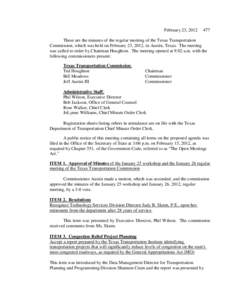 These are the minutes of the regular meeting of the Texas Transportation Commission, which was held on December 15, 2011, in Austin, Texas