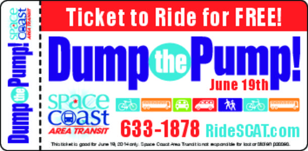 Ticket to Ride for FREE! June 19th[removed]RideSCAT.com  This ticket is good for June 19, 2014 only. Space Coast Area Transit is not responsible for lost or stolen passes.