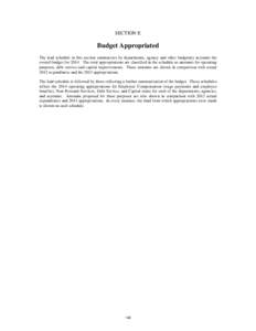 SECTION E  Budget Appropriated The lead schedule in this section summarizes by departments, agency and other budgetary accounts the overall budget for[removed]The total appropriations are classified in the schedule as amou