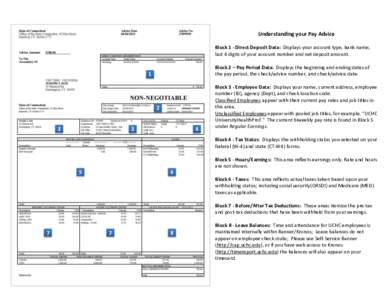 Understanding your Pay Advice Block 1 - Direct Deposit Data: Displays your account type, bank name, last 4 digits of your account number and net deposit amount. Block 2 – Pay Period Data: Displays the beginning and end