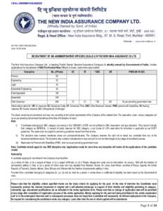CIN No. U99999MH1919GOI000526  REF NO: CORP.HRM/AO/2014 Date: [removed]RECRUITMENT OF 509 ADMINISTRATIVE OFFICERS (SCALE-I) IN THE NEW INDIA ASSURANCE CO LTD